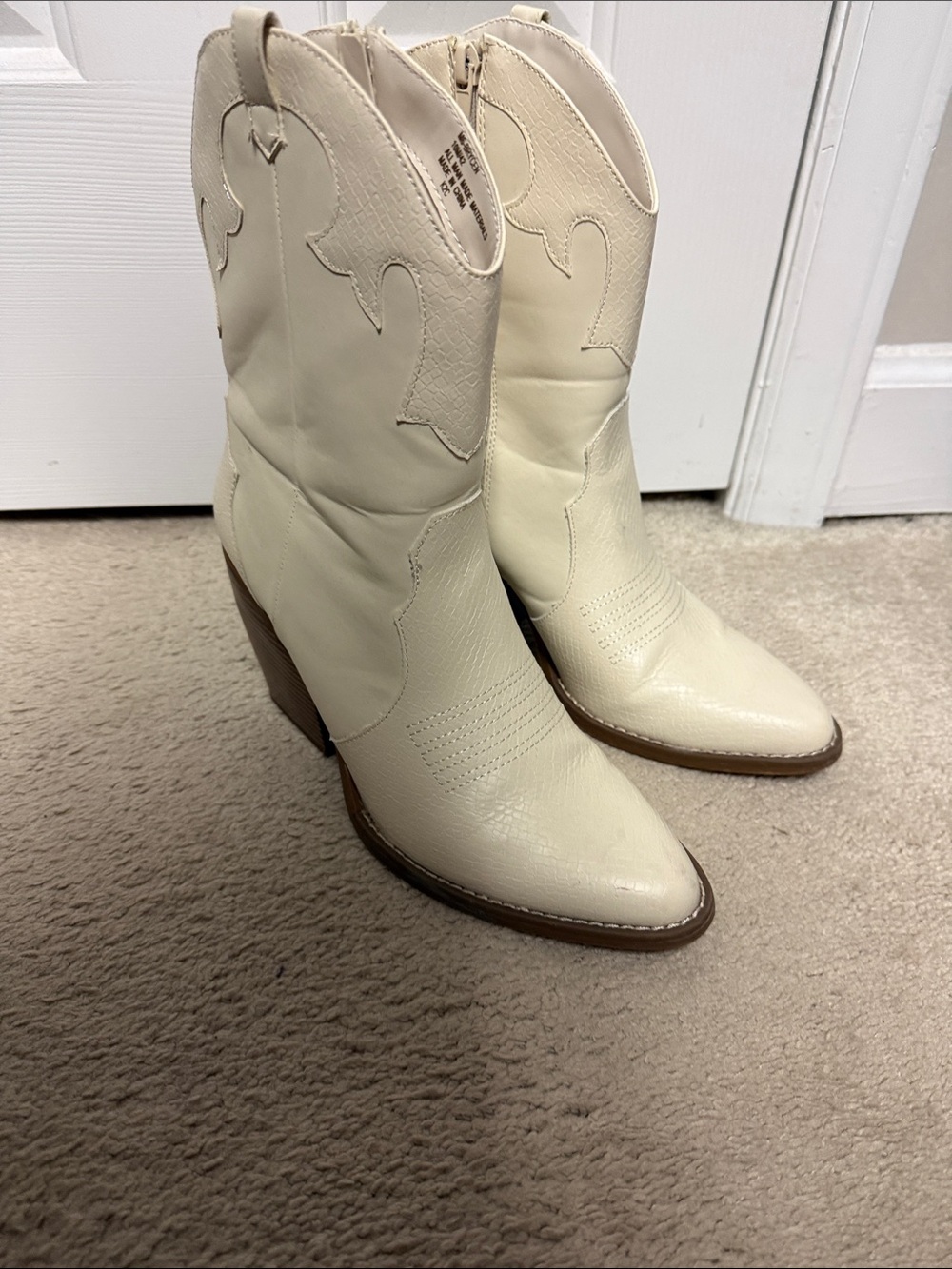 Cream Western Heeled Mid-Calf Boots